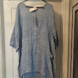 Lungo L Arno Puro Lino Italy Dress, Blue With Pockets